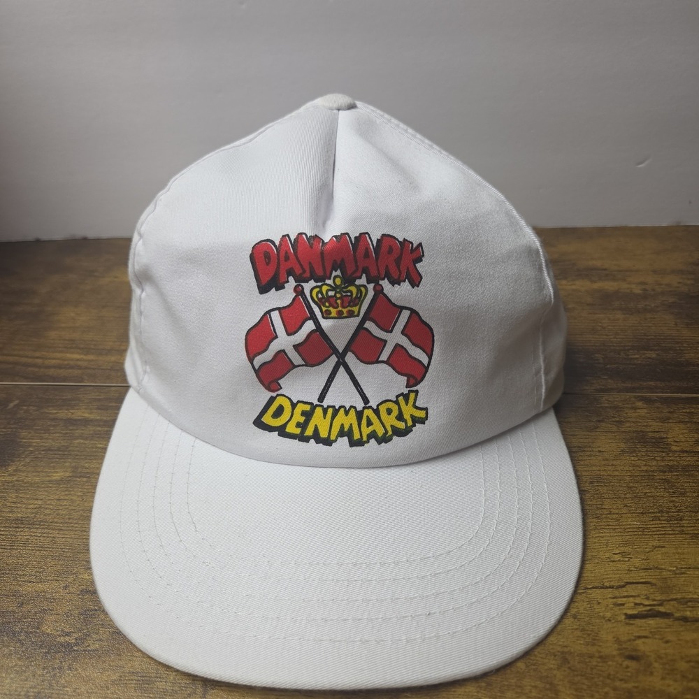 Vintage Danmark Denmark Flag Snapback Hat White Travel Souvenir Cap 5 Panel
